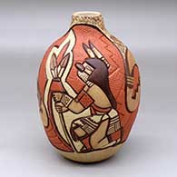 Click for a larger view A polychrome jar decorated with a carved and painted Hopi dancer, feather, pueblo and geometric design
 by Carla Nampeyo of Hopi