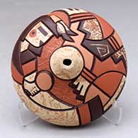 A polychrome seed pot decorated with a carved, sgraffito and painted pueblo dancer and geometric design
 by Delmar Polacca of Hopi