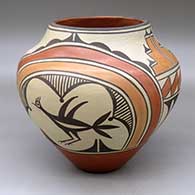 A polychrome jar decorated with a four panel roadrunner, double rainbow and geometric design
 by Sofia Medina of Zia