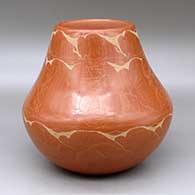 A red jar decorated with a four panel sgraffito Sioux bison hunting party, wildlife and nature scene
 by Norman Red Star of NonPueblo