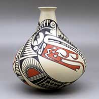 A long-necked jar decorated with a three panel serpent, feather and geometric design, click or tap to see a larger version