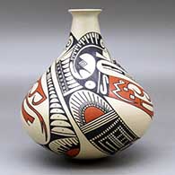 A long-necked jar decorated with a three panel serpent, feather and geometric design, click or tap to see a larger version