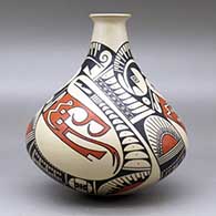 A long-necked jar decorated with a three panel serpent, feather and geometric design, click or tap to see a larger version