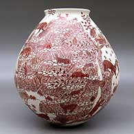 A red on white jar with a flared rim and decorated with a sgraffito wildlife, nature and geometric design, click or tap to see a larger version