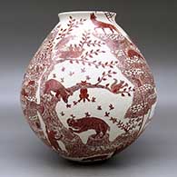 A red on white jar with a flared rim and decorated with a sgraffito wildlife, nature and geometric design, click or tap to see a larger version