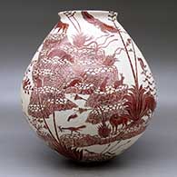 A red on white jar with a flared rim and decorated with a sgraffito wildlife, nature and geometric design, click or tap to see a larger version
