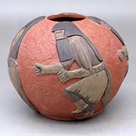 Click for a larger view A polychrome seed pot carved and painted with a four-panel dancing Long Hair Kachina design
 by Gary Polacca Nampeyo of Hopi