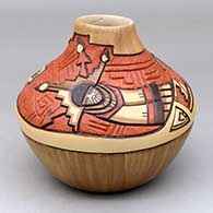 A polychrome jar with a carved, sgraffito and painted Hopi Shalako Kachina, corn stalk and geometric design
 by Elvira Nampeyo of Hopi