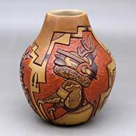 Click for a larger view A polychrome jar decorated with a carved, sgraffito and painted deer dancer, koshare, kiva ladder and geometric design
 by Elvira Nampeyo of Hopi