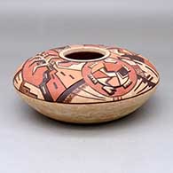 Click for a larger view A low shouldered polychrome mixed-clay jar decorated above the shoulder with a lightly carved, sgraffito and painted corn stalk, turtle and geometric design
 by Delmar Polacca of Hopi