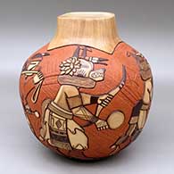 Click for a larger view A polychrome jar decorated with a carved, sgraffito and painted line of kachina dancers and geometric design
 by Elvira Nampeyo of Hopi