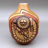 Click for a larger view A polychrome jar decorated with a two panel carved, sgraffito and painted kachina dancer, bird element and geometric design
 by Elvira Nampeyo of Hopi
