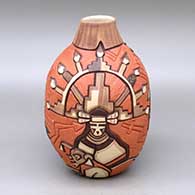 Click for a larger view A polychrome jar decorated with a carved, sgraffito and painted Butterfly Woman, eagle dancer, mudhead and geometric design
 by Elvira Nampeyo of Hopi