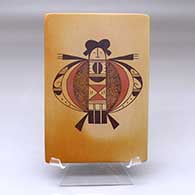 A polychrome tile decorated with a water beetle woman and geometric design
 by Valerie Kahe of Hopi