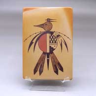 A polychrome tile decorated with a parrot and geometric design
 by Valerie Kahe of Hopi