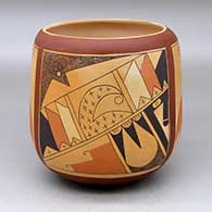 A polychrome jar decorated with a four panel moth and geometric design
 by Dorothy Ami of Hopi