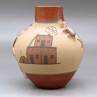 A polychrome jar with a squarish short neck, turtle and cornstalk appliques and decorated with a pueblo, cornstalk, flower and geometric design, click or tap to see a larger version