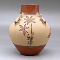 A polychrome jar with a squarish short neck, turtle and cornstalk appliques and decorated with a pueblo, cornstalk, flower and geometric design, click or tap to see a larger version