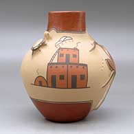 A polychrome jar with a squarish short neck, turtle and cornstalk appliques and decorated with a pueblo, cornstalk, flower and geometric design, click or tap to see a larger version