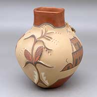 A polychrome jar with a squarish short neck, turtle and cornstalk appliques and decorated with a pueblo, cornstalk, flower and geometric design
 by Bertha Gachupin of Jemez