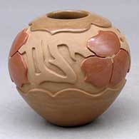 A red and buff jar carved and polished with a four panel geometric design around the shoulder
 by Autumn Borts of Santa Clara