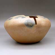 A large golden micaceous prayer jar with fire clouds and a geometric carved opening, click or tap to see a larger version