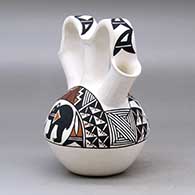 A triple spout polychrome wedding vase decorated with a bear with heart line, rainbow, flower and geometric design, click or tap to see a larger version