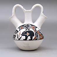 A triple spout polychrome wedding vase decorated with a bear with heart line, rainbow, flower and geometric design, click or tap to see a larger version