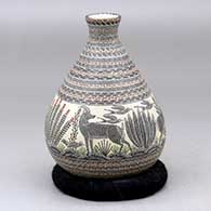 A small tiny neck jar decorated with a desert wildlife and nature scene between bands of tiny geometric designs
 by Laura Bugarini of Mata Ortiz and Casas Grandes