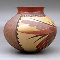 A polychrome jar with a short recurved neck and decorated with a parrot and geometric design, click or tap to see a larger version