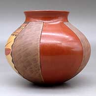 A polychrome jar with a short recurved neck and decorated with a parrot and geometric design, click or tap to see a larger version