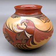 A polychrome jar with a short recurved neck and decorated with a parrot and geometric design
 by Steve Lucas of Hopi