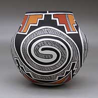 A polychrome jar decorated with a four panel Tularosa spiral, fineline, kiva step and geometric design, click or tap to see a larger version