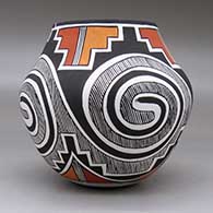 A polychrome jar decorated with a four panel Tularosa spiral, fineline, kiva step and geometric design, click or tap to see a larger version