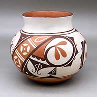 A polychrome jar with a recurved neck and decorated with a two panel rainbird, cloud and geometric design
 by Gladys Paquin of Laguna