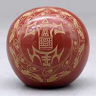 A miniature red seed pot decorated with a two panel sgraffito geometric design, click or tap to see a larger version