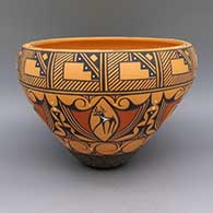 Polychrome jar with deer with heart line, snake, kiva step, and geometric design
 by Priscilla Peynetsa of Zuni