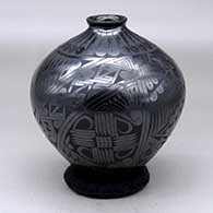 A glossy black jar with a flared rim and decorated all over with a matte black geometric design
 by Luz Elva Ramirez of Mata Ortiz and Casas Grandes