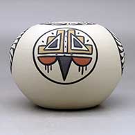 A polychrome jar decorated with a four-panel ring-of-feathers, rain cloud and geometric design, click or tap to see a larger version