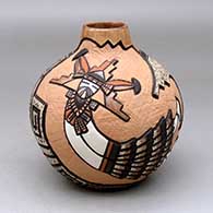 Click for a larger view A polychrome jar with a narrow spout and decorated with a carved, sgraffito and painted kachina, pueblo, feather and geometric design
 by Carla Nampeyo of Hopi