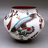 A polychrome jar decorated with an Eagle and Crow Dancers and geometric design
 by Sofia Medina of Zia