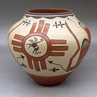 A large polychrome jar decorated with a four panel roadrunner, sun sign, rainbow, lightning bolt, rain cloud and geometric design
 by Elizabeth Medina of Zia