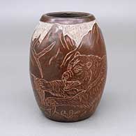 Sienna jar with a sgraffito bear, deer, tree, mountain, and water design
 by Martin Moquino of Santa Clara