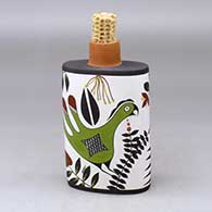 Click for a larger view A polychrome flask with a corn cob stopper and decorated with a parrot, plant and geometric design
by Charmae Natseway of Acoma