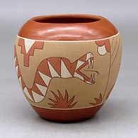 Click for a larger view A polychrome jar decorated with a sgraffito and painted avanyu, lizard and geometric design
by Lawrence Dili of Ohkay Owingeh