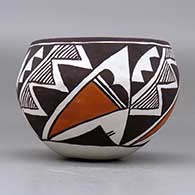 A small polychrome bowl decorated with a four panel kiva step, lightning bolt, rain, cloud formation and geometric design, click or tap to see a larger version