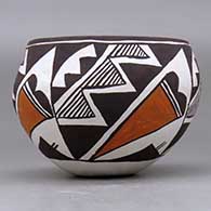 A small polychrome bowl decorated with a four panel kiva step, lightning bolt, rain, cloud formation and geometric design, click or tap to see a larger version