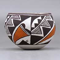 A small polychrome bowl decorated with a four panel kiva step, lightning bolt, rain, cloud formation and geometric design, click or tap to see a larger version