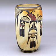 A polychrome cylinder decorated with a two panel eagle and geometric design
 by Hattie Carl of Hopi