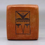 A black on red box decorated on two sides with kachina geometric designs, click or tap to see a larger version